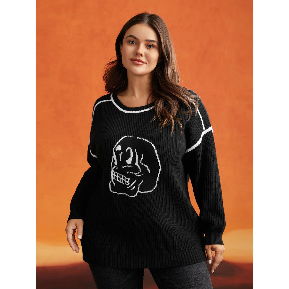 Plus Size Skull Printed Balloon Sleeves Pullover Black Women Casual Loose Long Sleeve Round Neck Everyday Pullovers BloomChic 26/4X Product Image