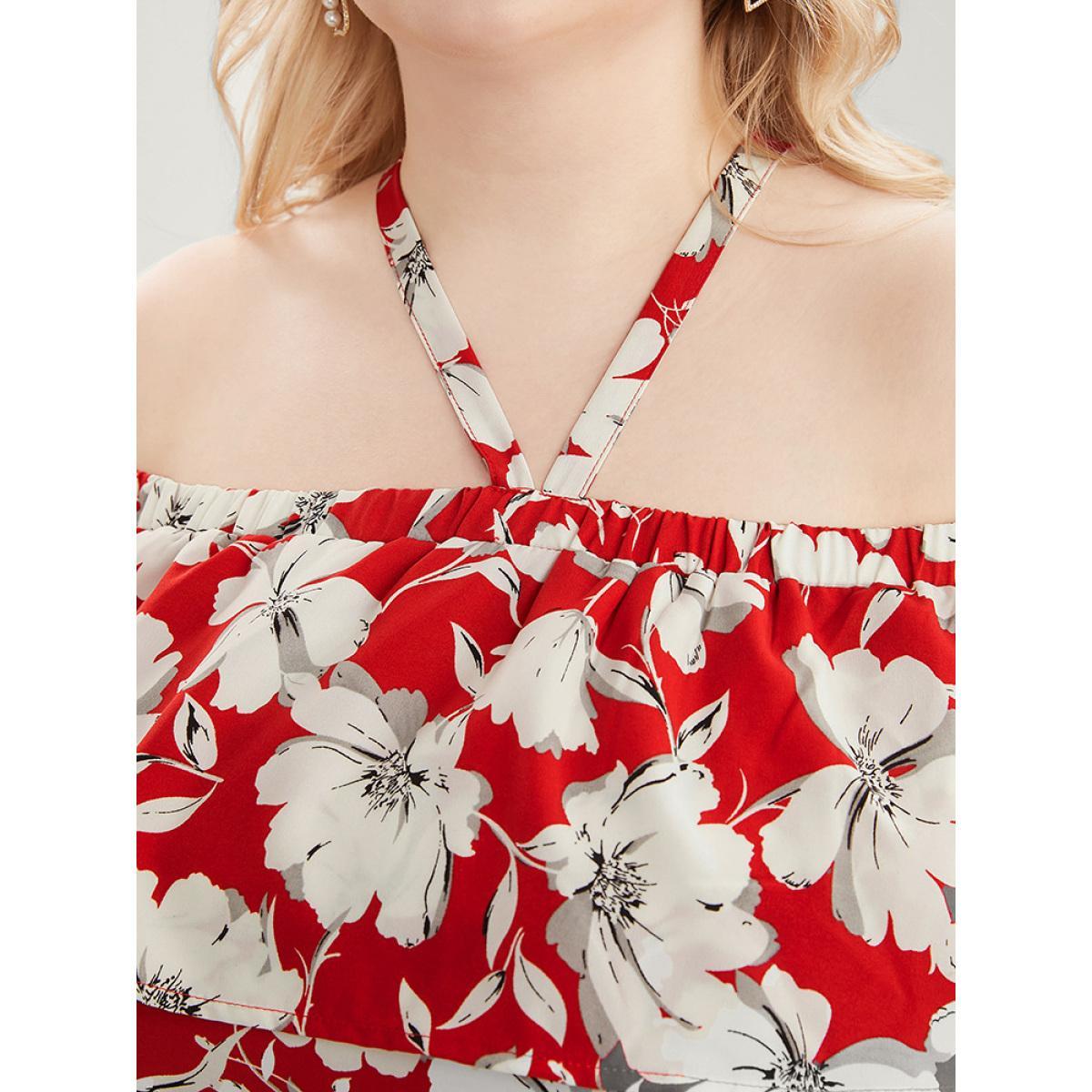 Plus Size Floral Print Pocket Ruffles Trim Split Halter Maxi Dress Scarlet Women Elegant Elastic Waist Halter neck Short sleeve Curvy Long Dress BloomChic 10/M Product Image
