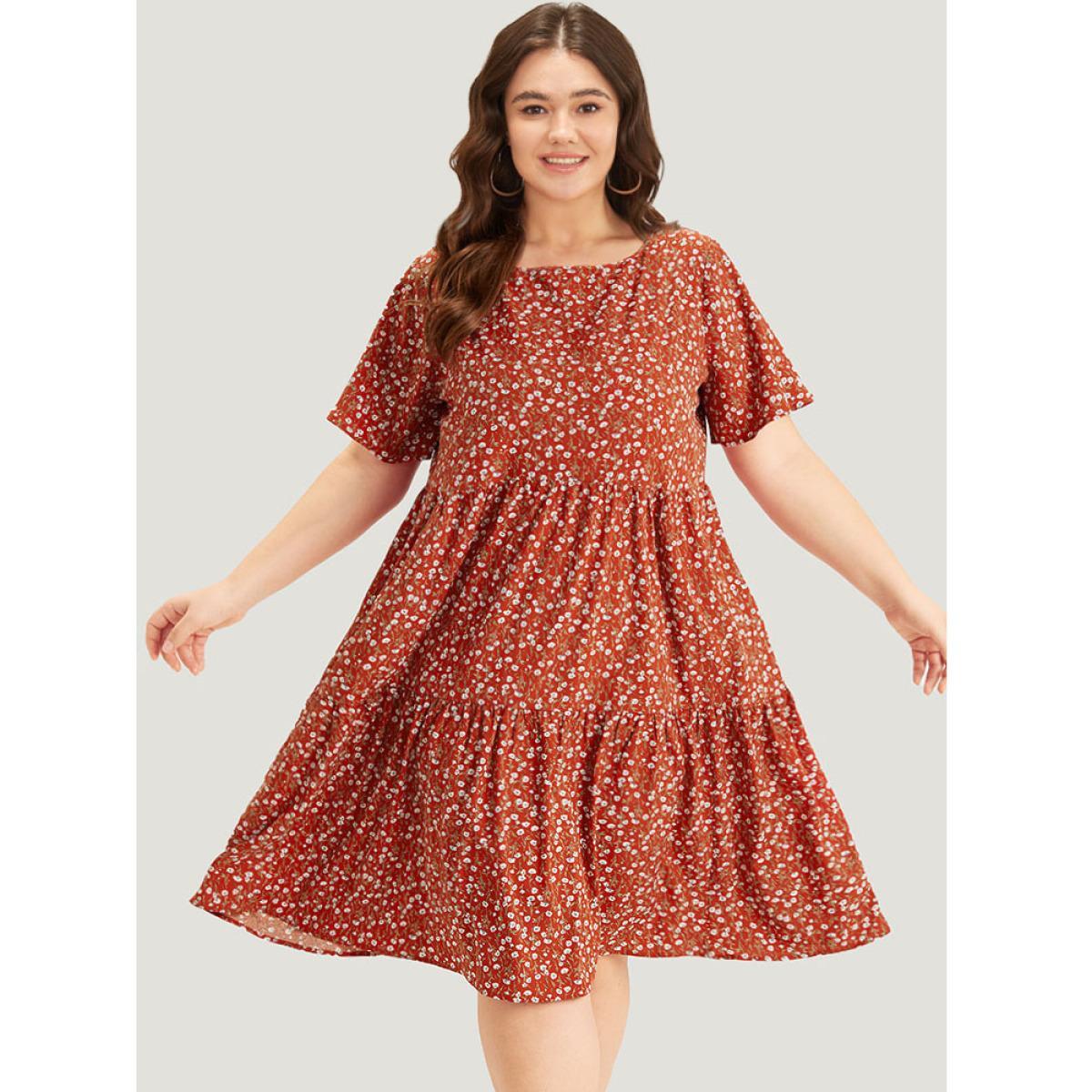 Plus Size Ditsy Floral Pocket Layered Patchwork Crew Neck Dress Russet Women Elegant Printed Round Neck Short sleeve Curvy Midi Dress BloomChic 18-20/2X Product Image
