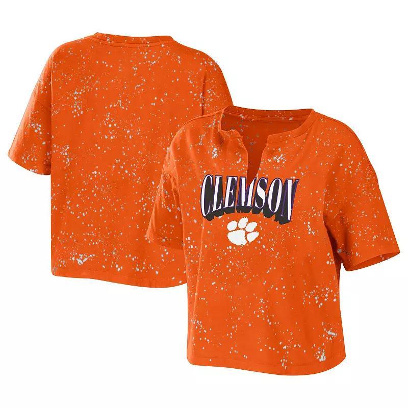 Women's WEAR by Erin Andrews Orange Clemson Tigers Bleach Wash Splatter Cropped Notch Neck T-Shirt, Size: XL Product Image