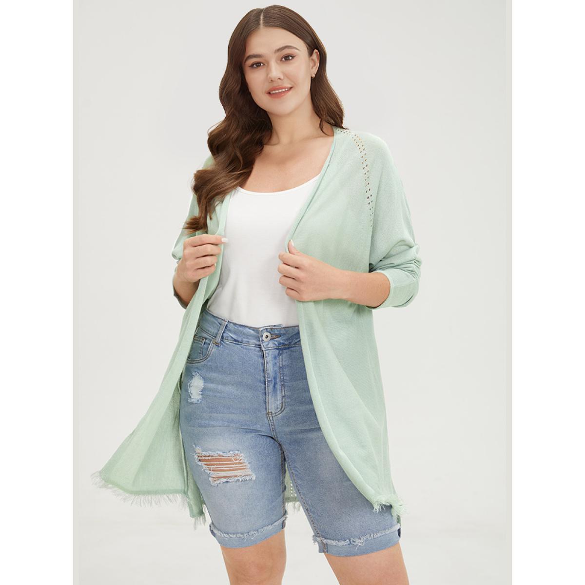 Plus Size Solid Open Front Fringe Trim Cardigan LightGreen Women Casual Long Sleeve Everyday Cardigans BloomChic 22-24/3X Product Image