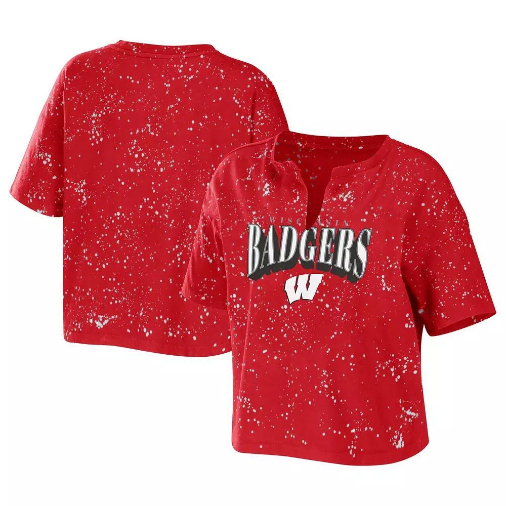 Women's WEAR by Erin Andrews Red Wisconsin Badgers Bleach Wash Splatter Cropped Notch Neck T-Shirt, Size: XL Product Image