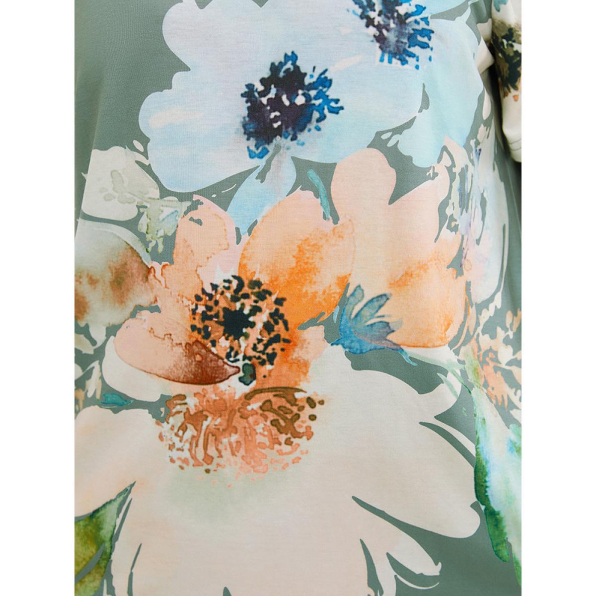 Plus Size Floral Print Short Sleeve V Neck T-shirt Sage Women Elegant Floral V-neck Dailywear T-shirts BloomChic 14-16/1X Product Image
