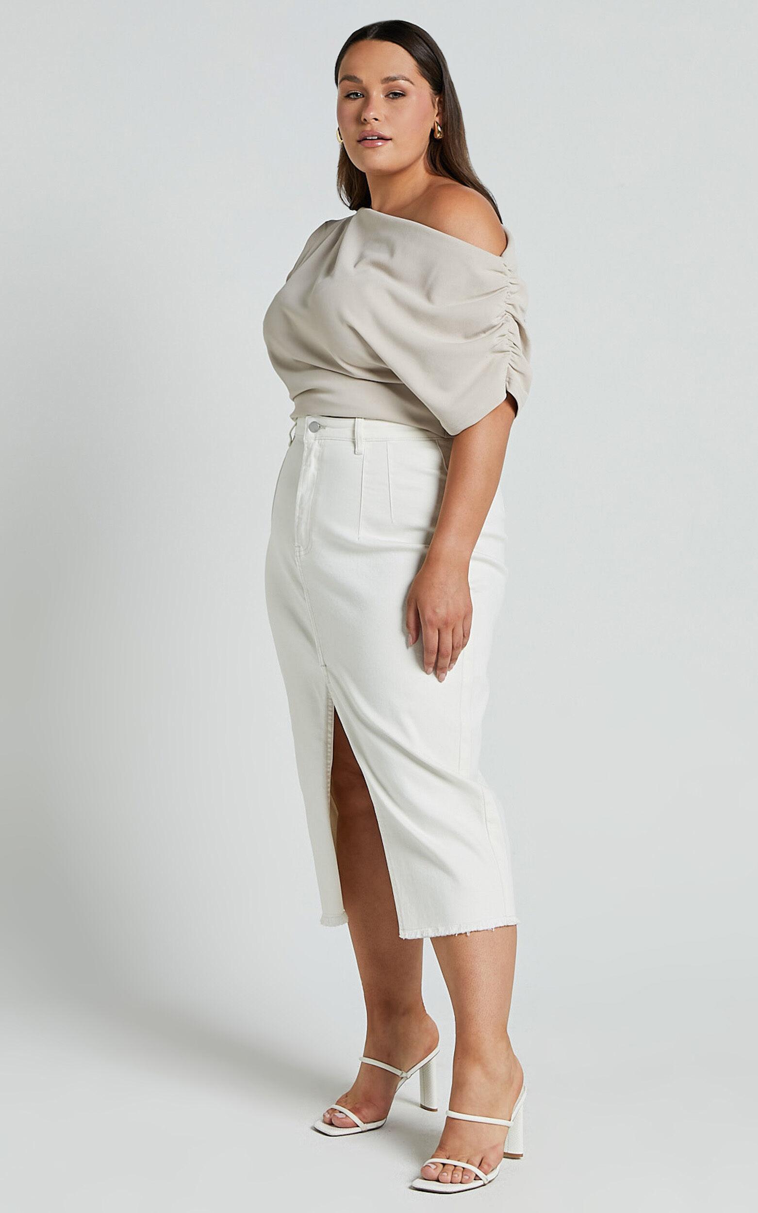 Janeve Midi Skirt - Front Split Denim Skirt in Ecru Product Image