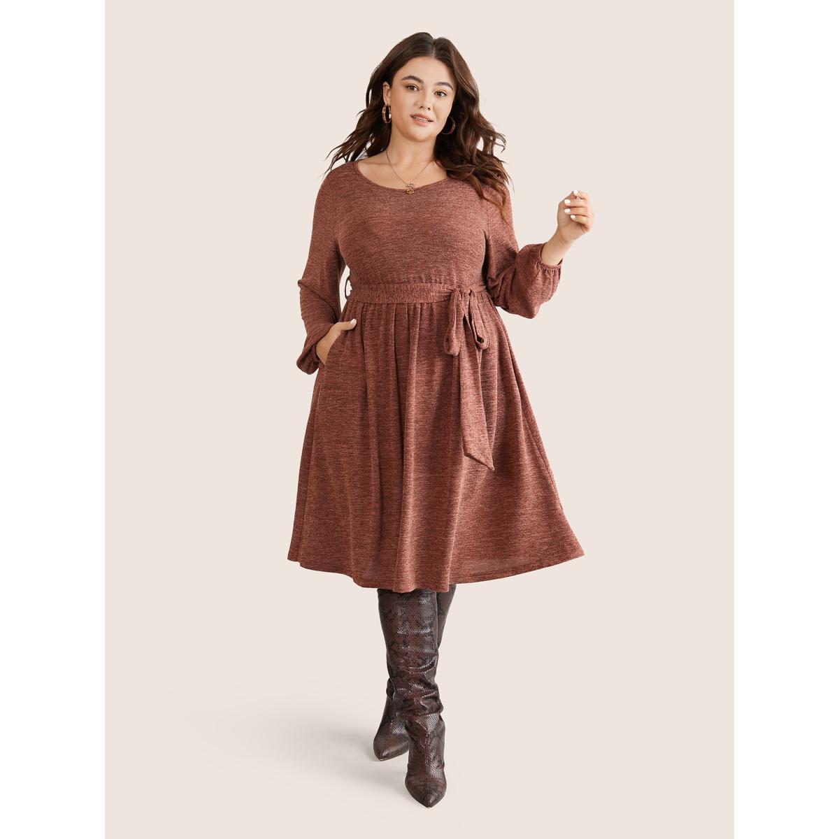 Plus Size Solid Belted Elastic Cuffs Jacquard Dress Rust Women Casual Elastic cuffs Round Neck Long Sleeve Curvy Midi Dress BloomChic 28/5X Product Image