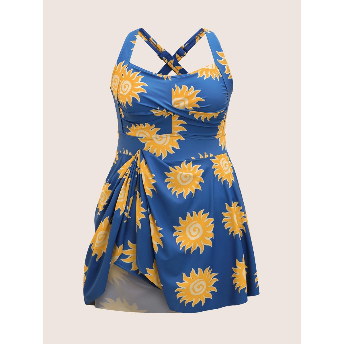 Plus Size Heart Neckline Sun Print Crossover Swim Dress Women's Swimwear Cerulean Beach Bodycon Heart neckline High stretch Curve Swim Dresses BloomChic 14-16/1X Product Image