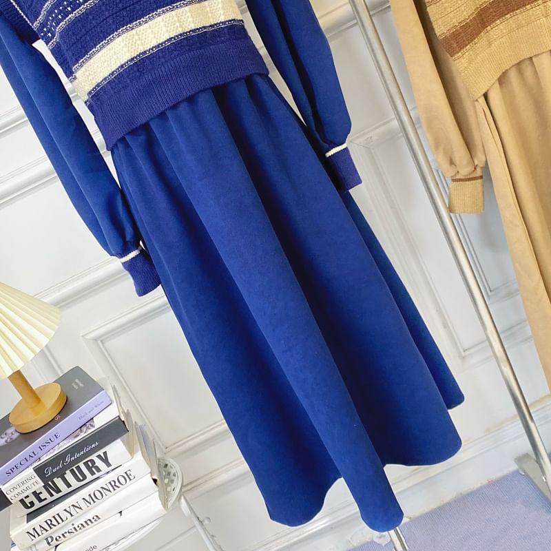 Long-Sleeve Crew Neck Mock Two-Piece Striped Knit Panel Corduroy Midi A-Line Dress Product Image
