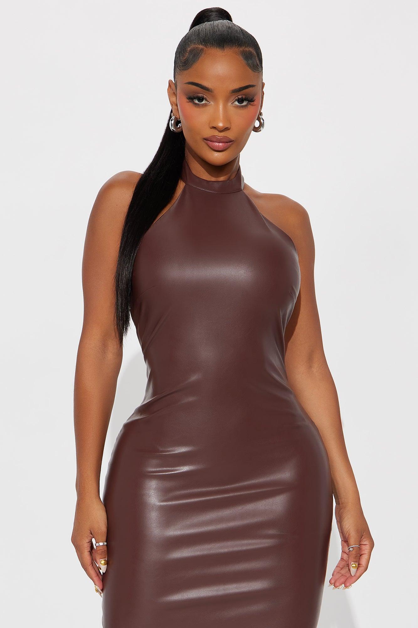Nicole Backless Faux Leather Maxi Dress - Brown Product Image