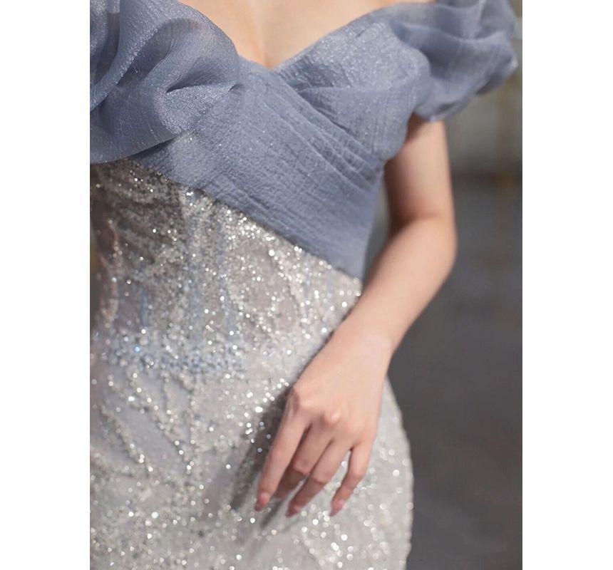 Off-Shoulder Embroidered Ruffled Bow Back Mermaid Evening Gown Product Image