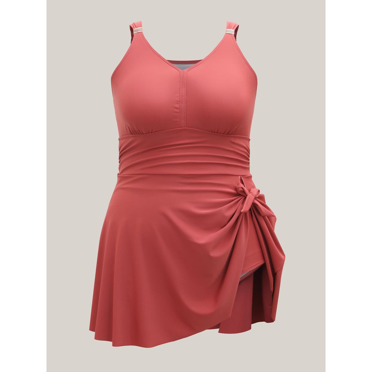 Plus Size Curved Hem Knotted Plain Swim Dress Women's Swimwear Rouge Beach Bodycon V-neck High stretch Curve Swim Dresses BloomChic 14-16/1X Product Image