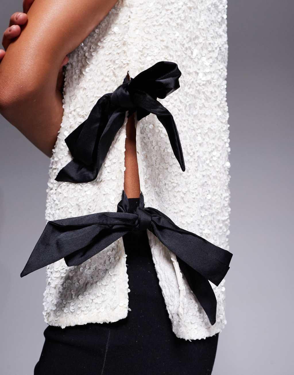 River Island sequin top with side bow detail in white Product Image