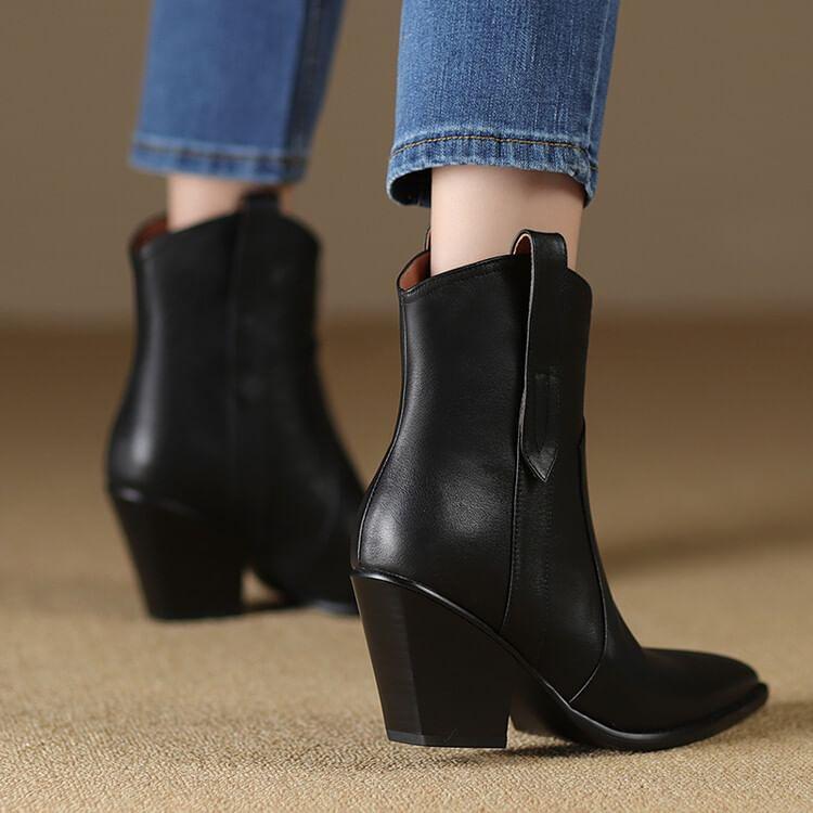 Genuine Leather Chunky Heel Short Boots Product Image