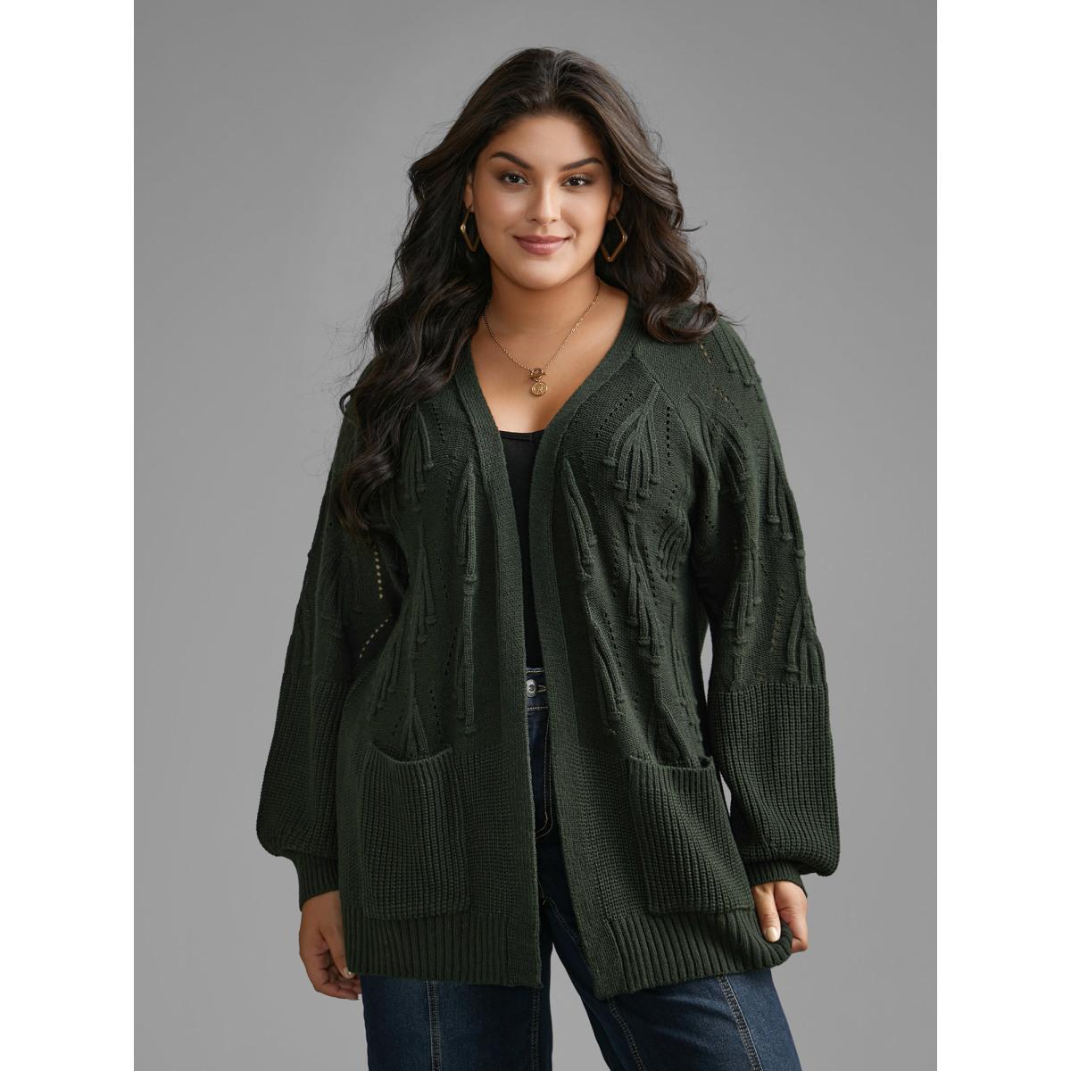 Plus Size Textured Lantern Sleeve Split Hem Cardigan DarkGreen Women Casual Loose Long Sleeve Everyday Cardigans BloomChic 10/M Product Image