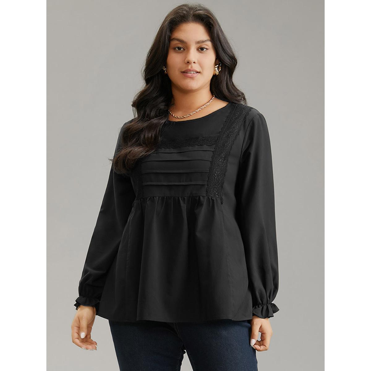 Plus Size Black Pleated Detail Contrast Lace Ruffle Blouse Women Elegant Long Sleeve Round Neck Dailywear Blouses BloomChic 12/L Product Image