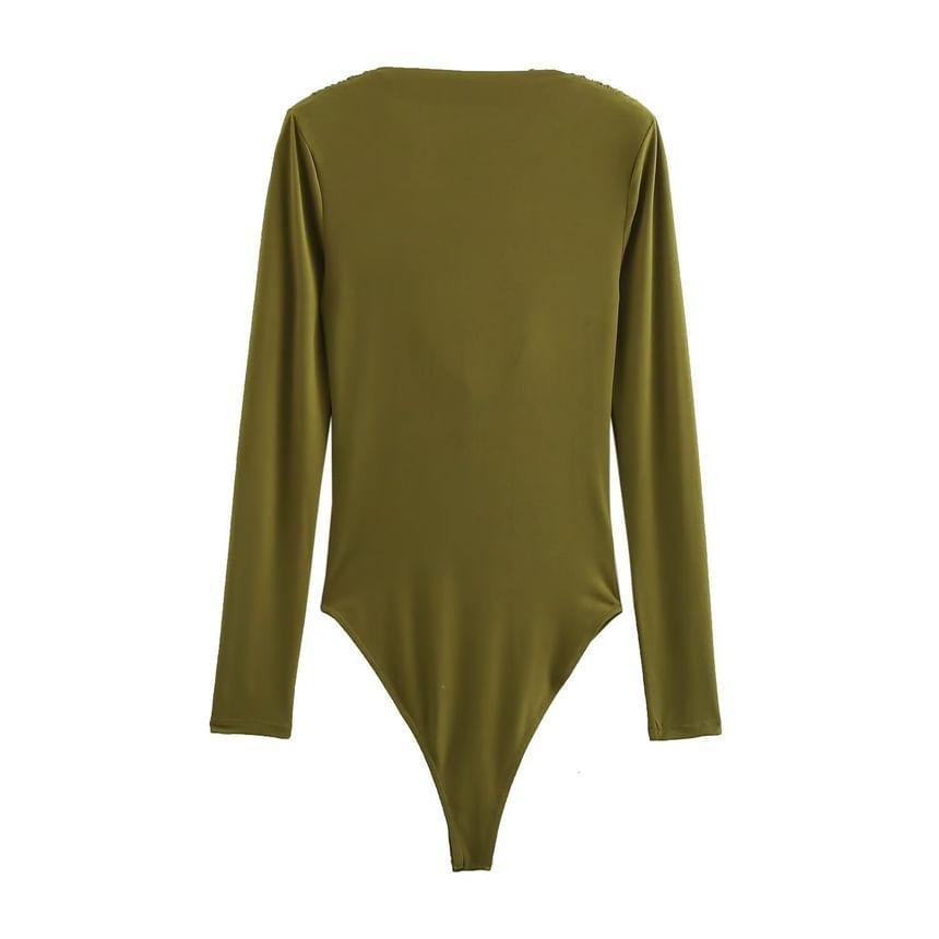Long Sleeve Cowl Neck Plain Ruched Bodysuit Top Product Image