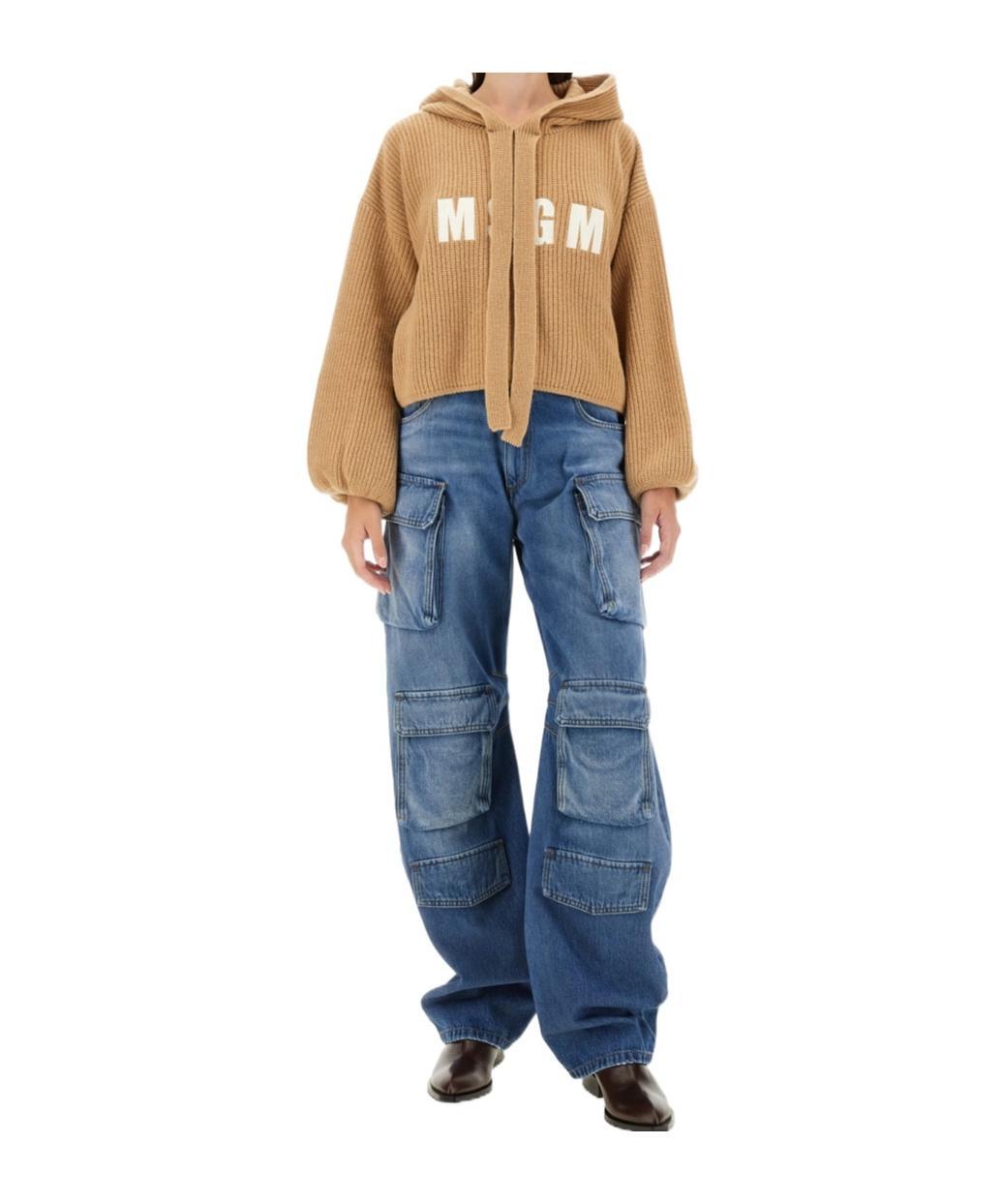 MSGM Logo-embroidered Hooded Jumper In Beige Product Image