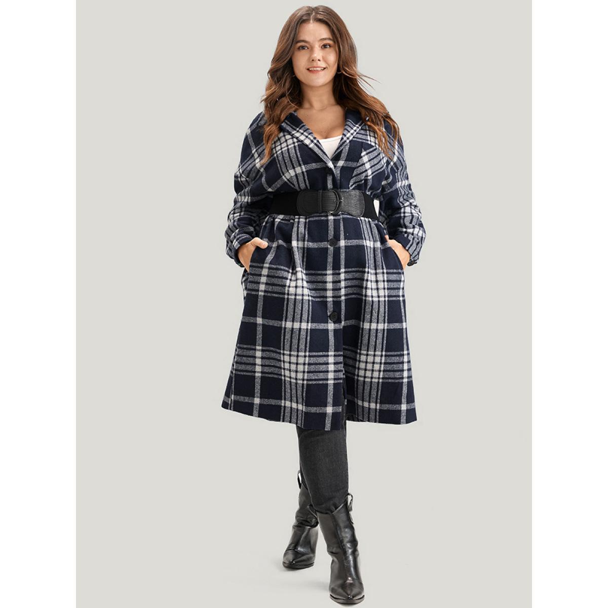 Plus Size Plaid Pocket Button Up Coat Without Belt Women Indigo Casual Pocket Ladies Dailywear Winter Coats BloomChic 12/L Product Image