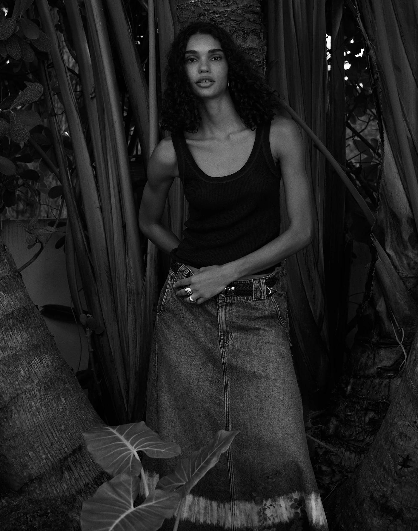 Shibori Denim A-Line Midi Skirt Product Image