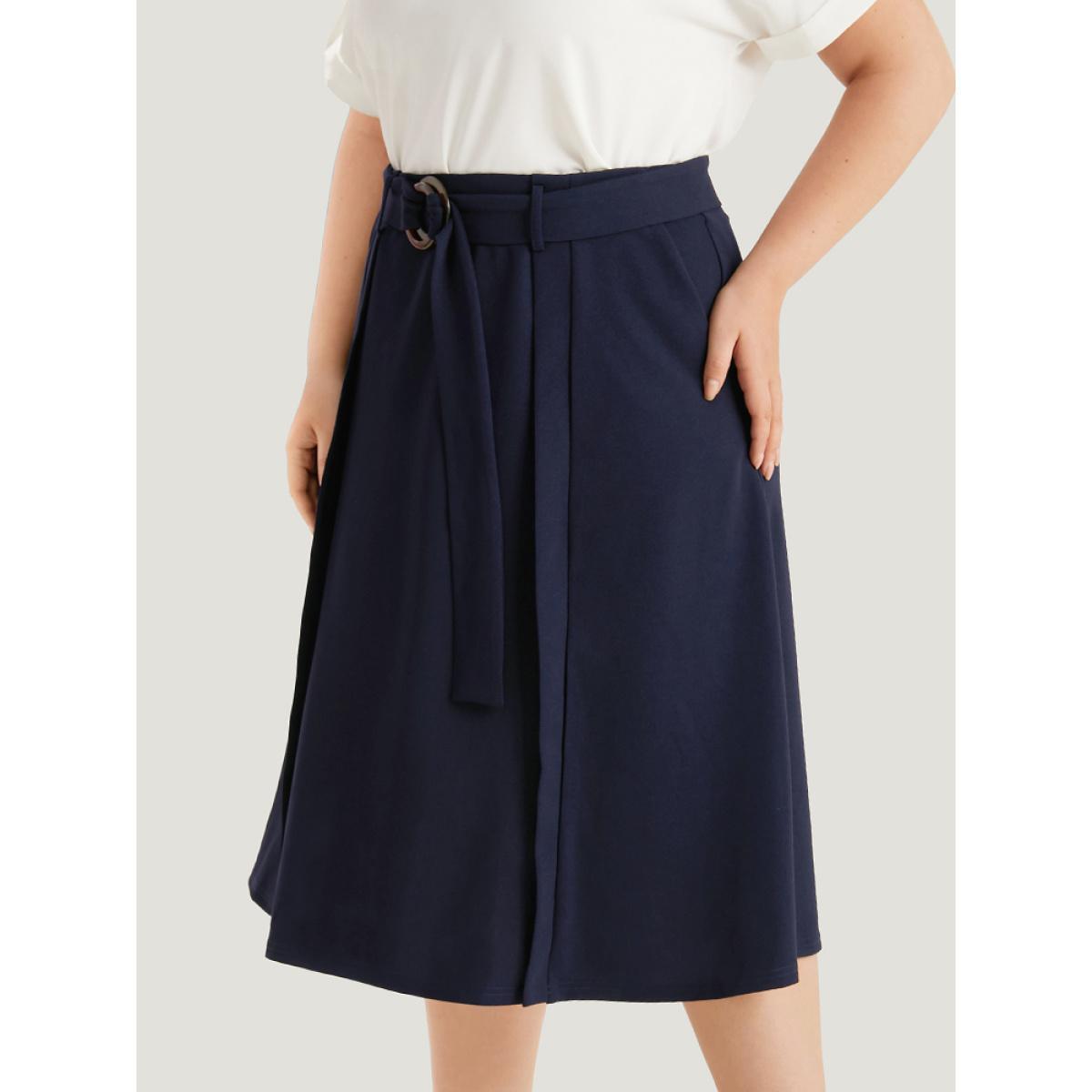 Plus Size Plain Pocket Belted Buckle Detail Midi Skirt Women Indigo Office Plain No stretch Pocket Belt Work Skirts BloomChic 22-24/3X Product Image