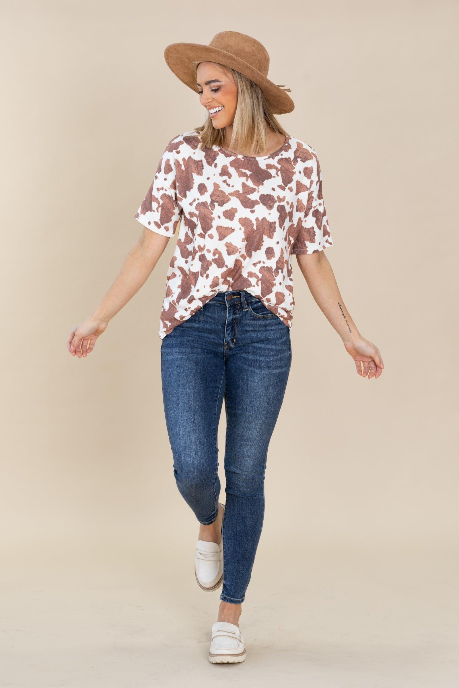 White With Brown Animal Print Soft Knit Top Product Image