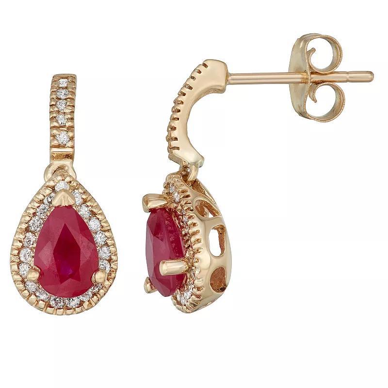 14k Gold Ruby & 1/5 Carat T.W. Certified Diamond Teardrop Earrings, Womens, Yellow Product Image