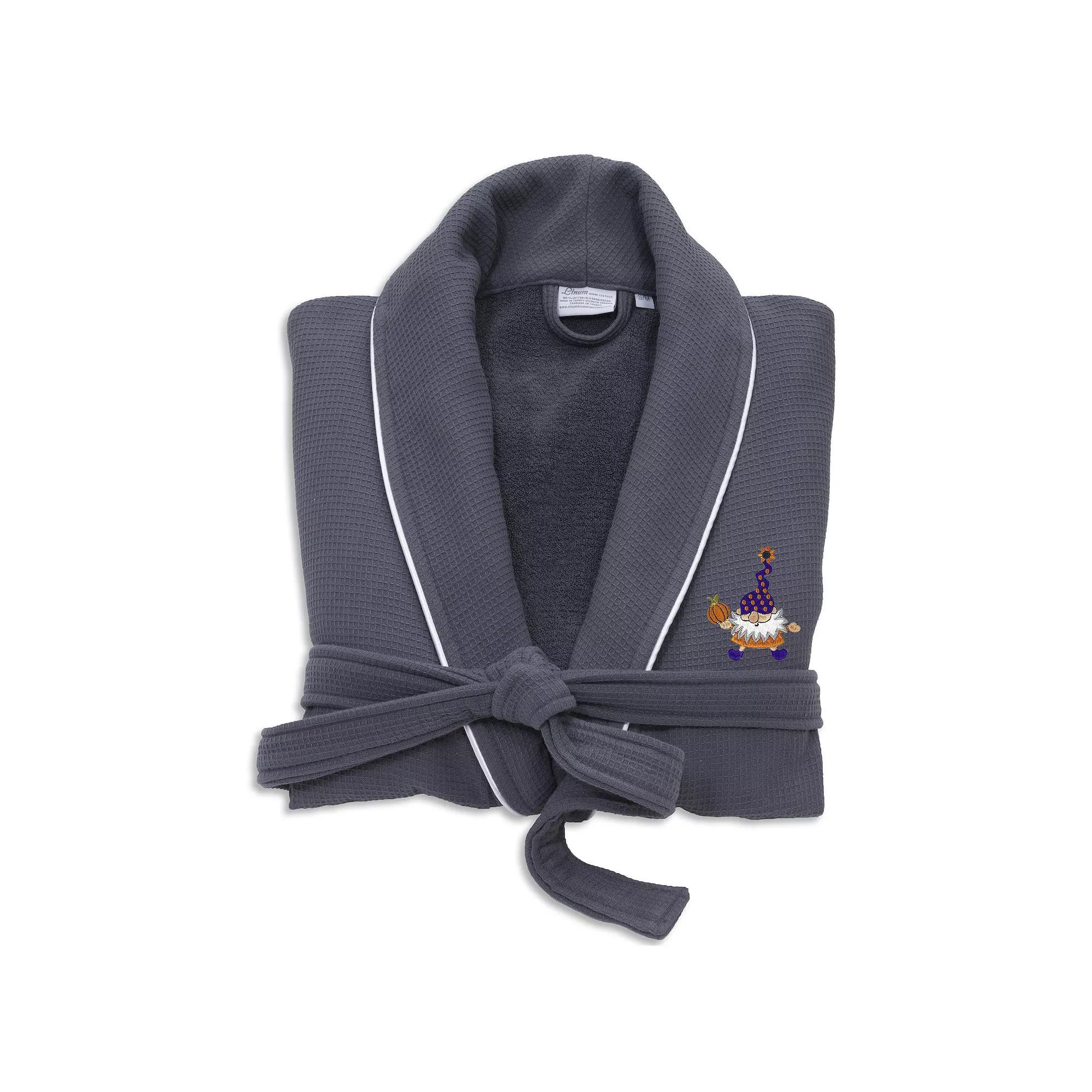Linum Home Textiles Adult Hotel Collection 100% Turkish Cotton Waffle Terry Embroidered Bathrobe with Satin Piped Trim - Halloween Gnomes, Women's, Size: Small/Medium, Dark Gray White Product Image