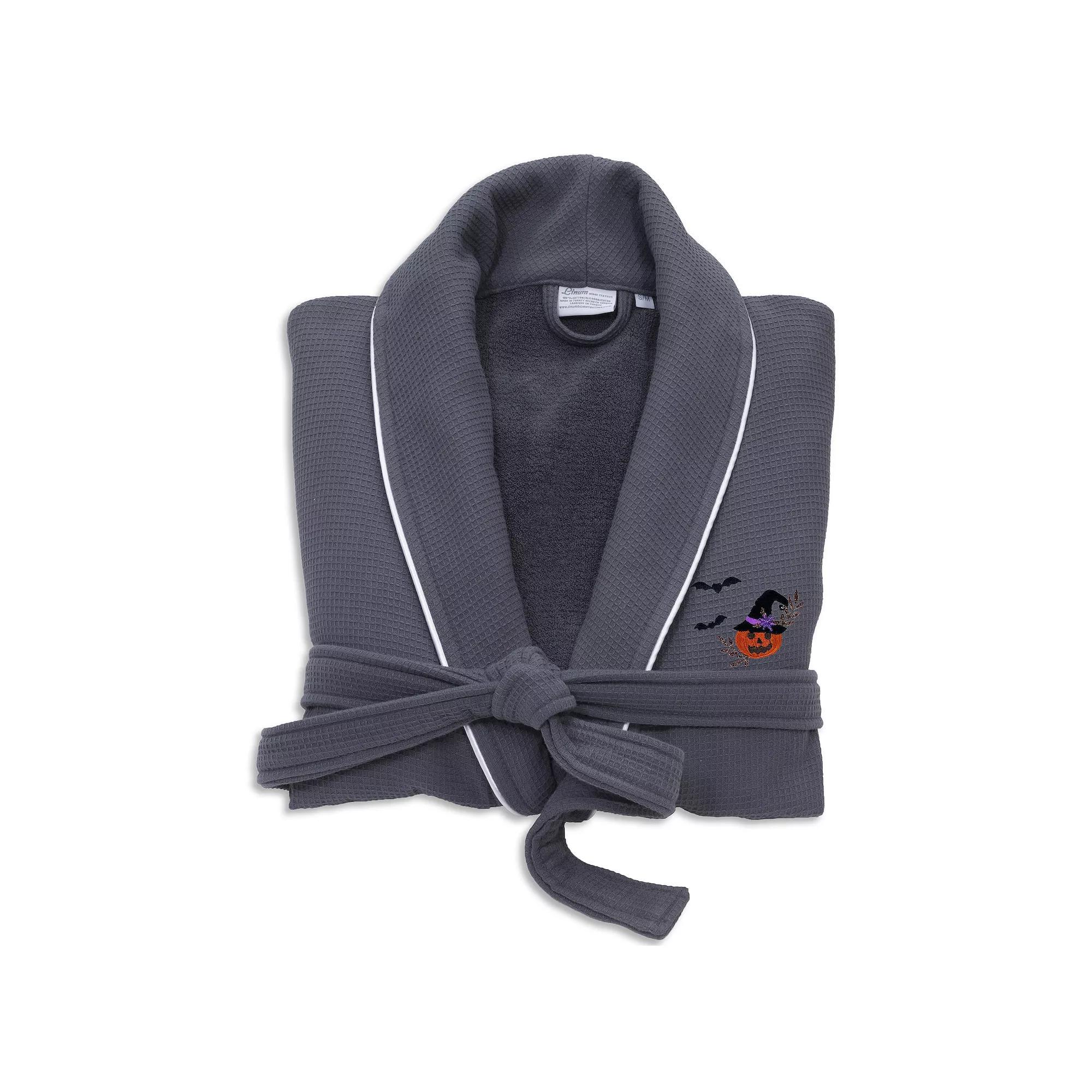 Linum Home Textiles Adult Hotel Collection 100% Turkish Cotton Waffle Terry Embroidered Bathrobe with Satin Piped Trim - Pumpkin Head, Women's, Size: Small/Medium, Dark Gray White Product Image