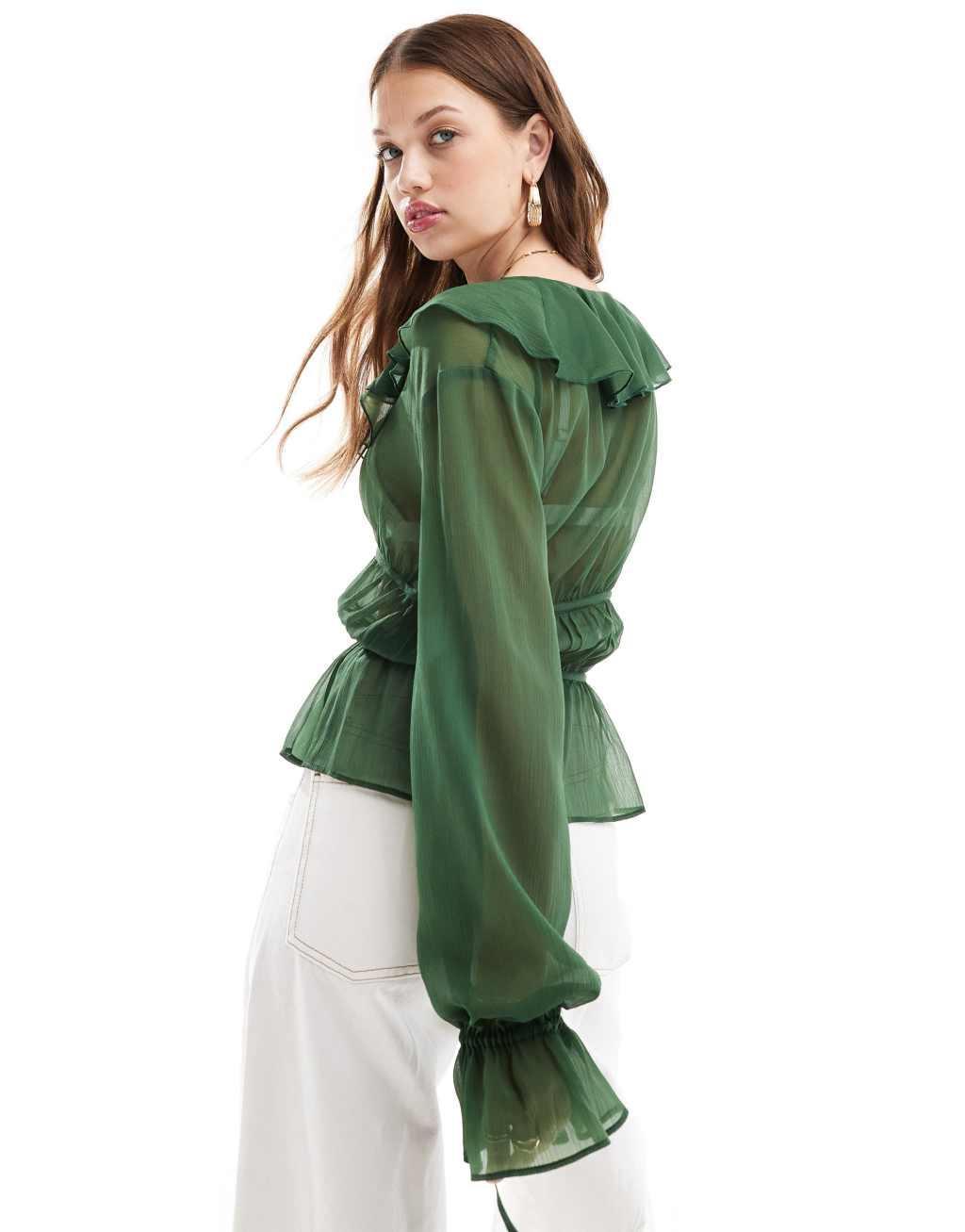 ASOS DESIGN sheer ruffle chiffon blouse with tie front in green Product Image