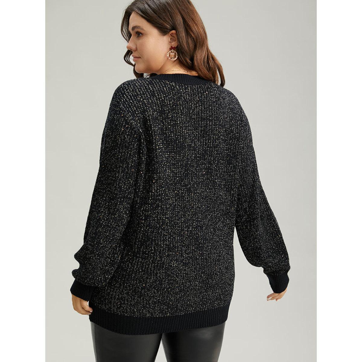 Plus Size Sparkly Elastic Cuffs Loose Pullover Black Women Casual Loose Long Sleeve V-neck Dailywear Pullovers BloomChic 28/5X Product Image