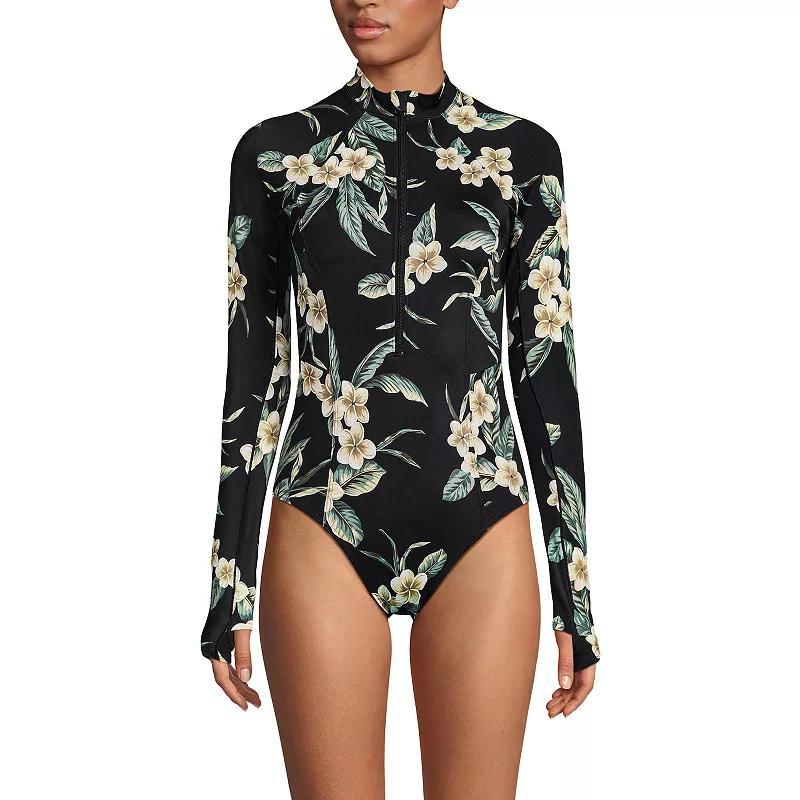 Women's Lands' End Tugless Long Sleeve Rashguard One Piece Swim Suit, Size: 16, Black Product Image