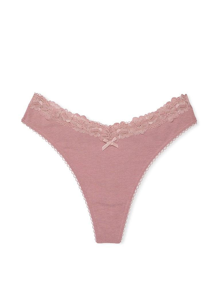 Stretch Cotton Lace-Waist Scoop High-Leg Thong Panty Product Image