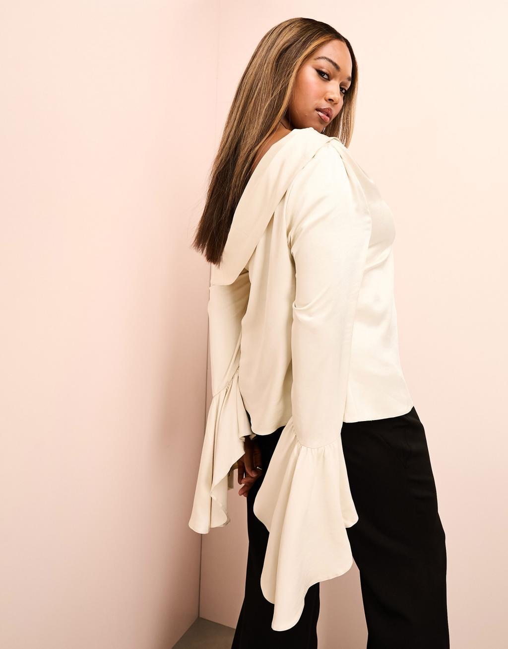 ASOS LUXE Curve off shoulder satin draped top with exaggerated sleeve Product Image