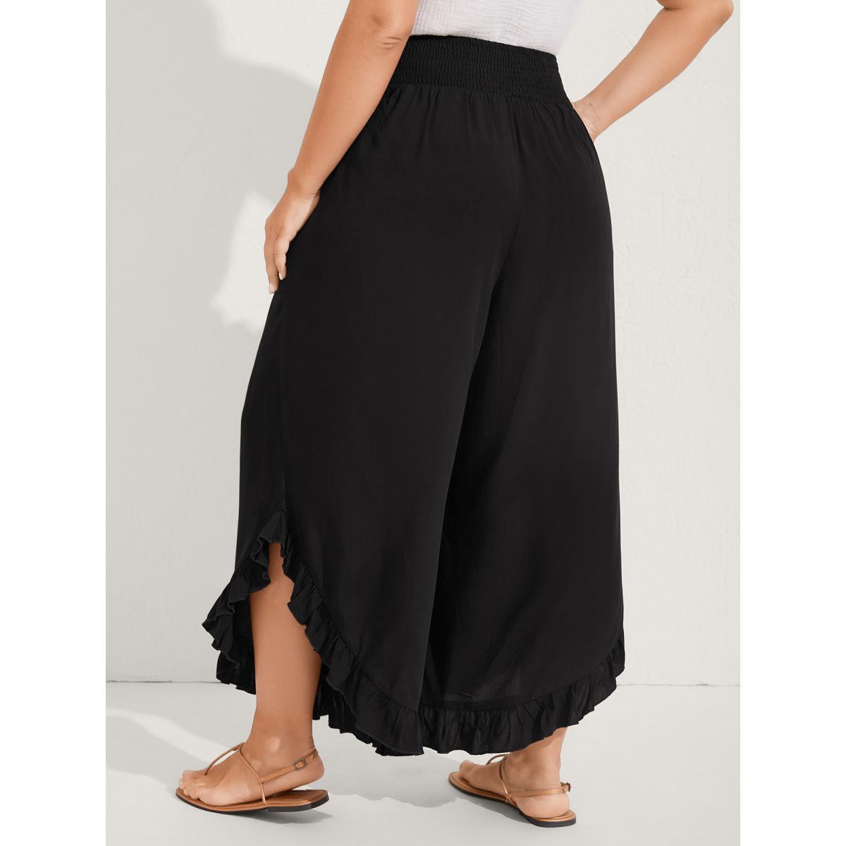 Plus Size Ruffled Curvy Hem Wide-Leg Pants Women Black Resort Wide Leg Mid Rise Vacation Pants BloomChic 26/4X Product Image