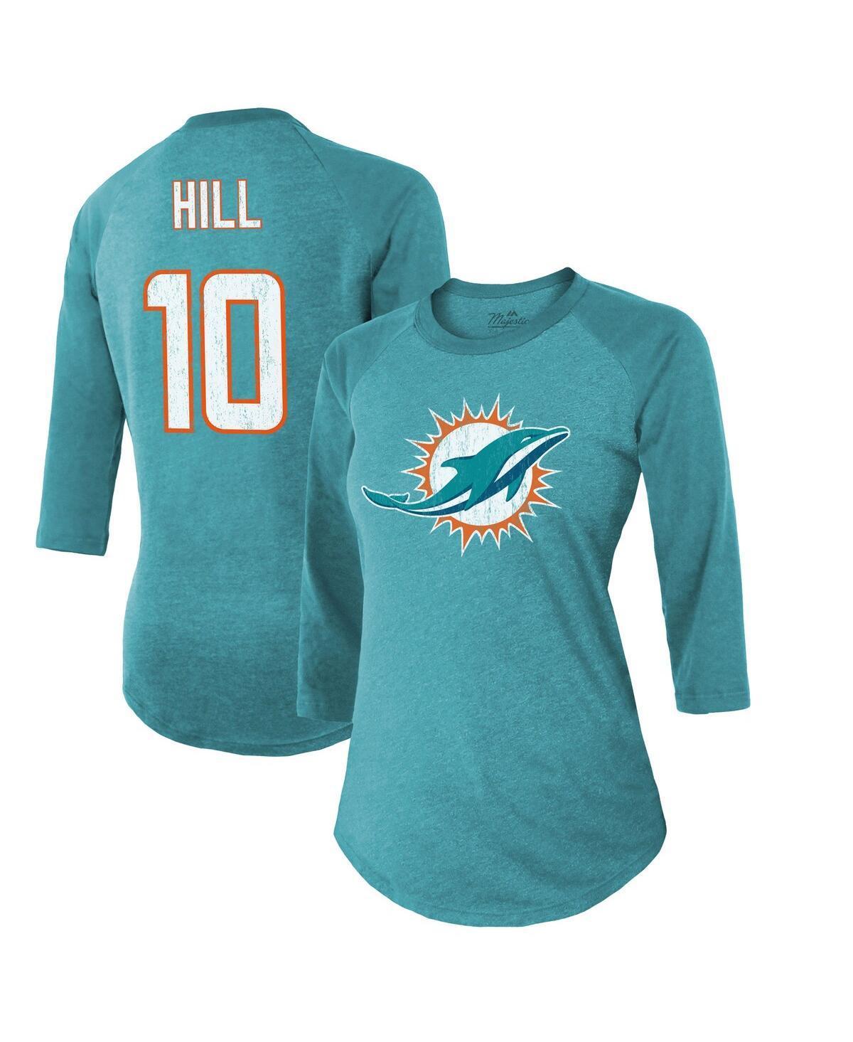 Women's Majestic Threads Tyreek Hill Aqua Miami Dolphins Name & Number Raglan 3/4 Sleeve T-Shirt, Size: 2XL, Turquoise A Product Image