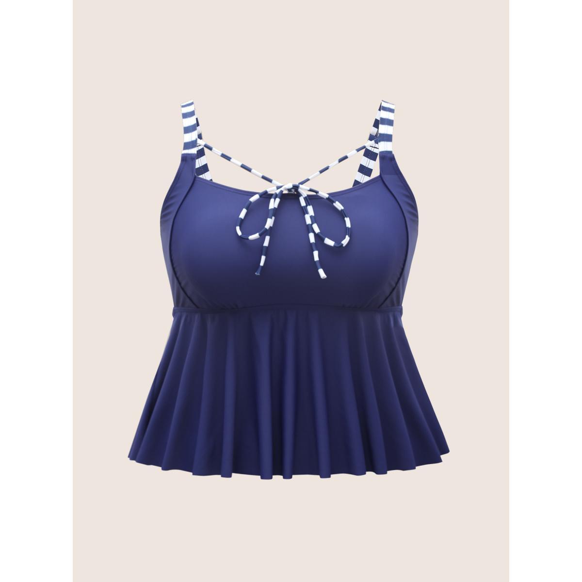 Plus Size Striped Tie Knot High Stretch Gathered Swim Top Women's Swimwear Navy Beach Tie knot High stretch Bodycon Heart neckline Curve Swim Tops BloomChic 30/6X Product Image