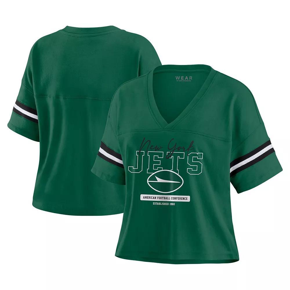 Women's WEAR by Erin Andrews Green New York Jets Color Block Boxy Modest Crop V-Neck T-Shirt, Size: Large Product Image