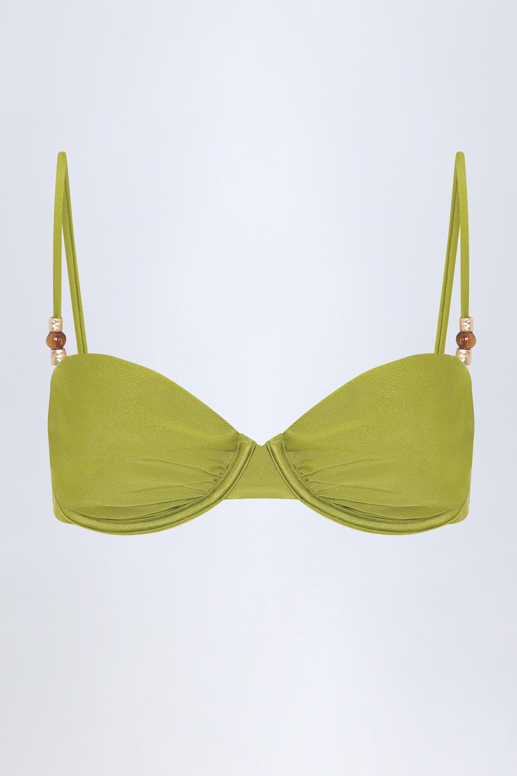 Bead-Embellished Ruched Underwired Bikini Top in Olive Green Product Image