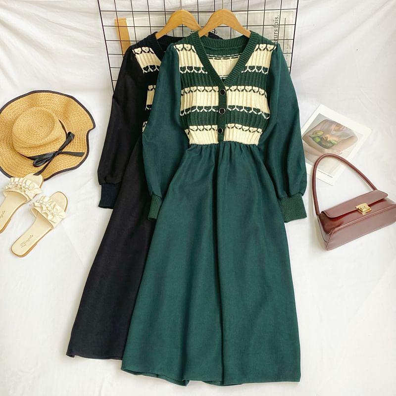 Long-Sleeve V-Neck Striped Panel Midi A-Line Dress Product Image