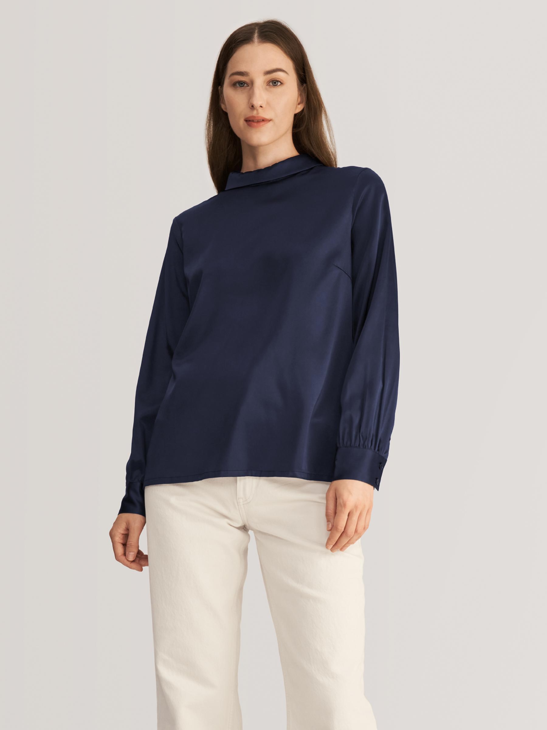 Stand Collar Long Sleeves  Silk Blouse Product Image