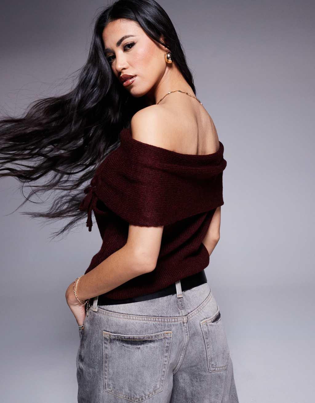 ASOS DESIGN off shoulder bardot sweater in burgundy Product Image