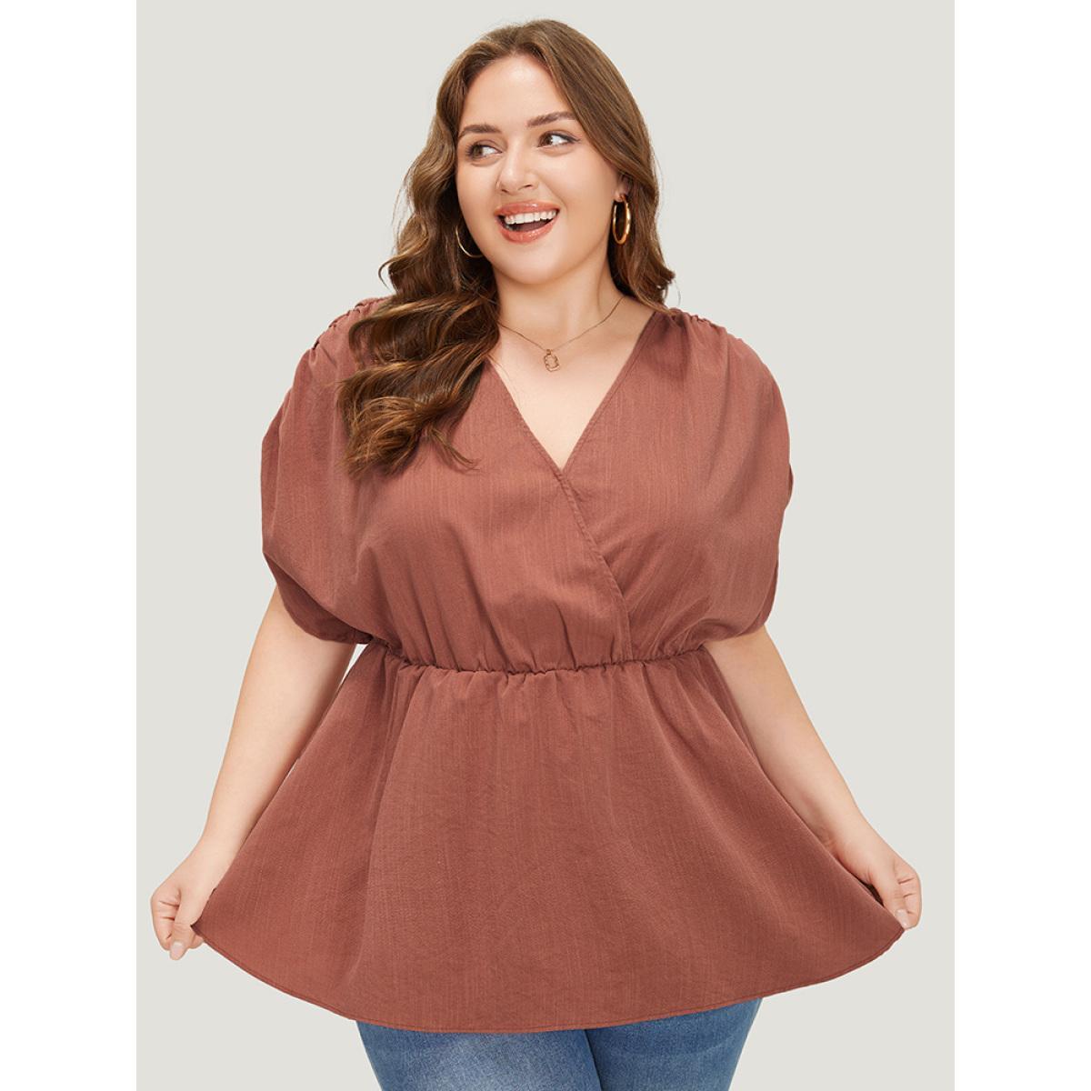 Plus Size Rust Plain Ruched Shoulder Wrap Blouse Women Elegant Short sleeve V-neck Dailywear Blouses BloomChic 14-16/1X Product Image