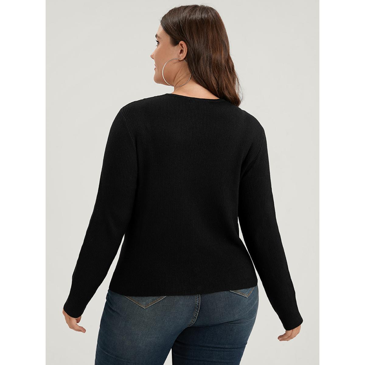 Plus Size Plain Rib Knit Button Front Knit Top Black Women Elegant Skinny Long Sleeve V-neck Dailywear Pullovers BloomChic 26/4X Product Image