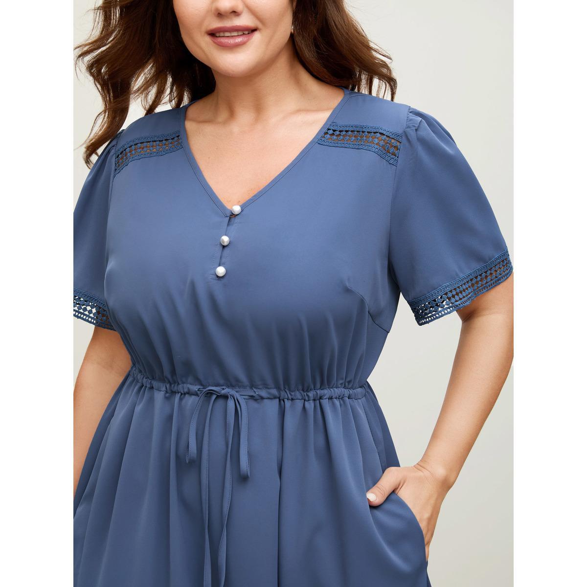 Plus Size Lace Trim Waist-Drawstring Solid Midi Dress Mediumblue Women V-neck Short sleeve Curvy BloomChic 18-20/2X Product Image