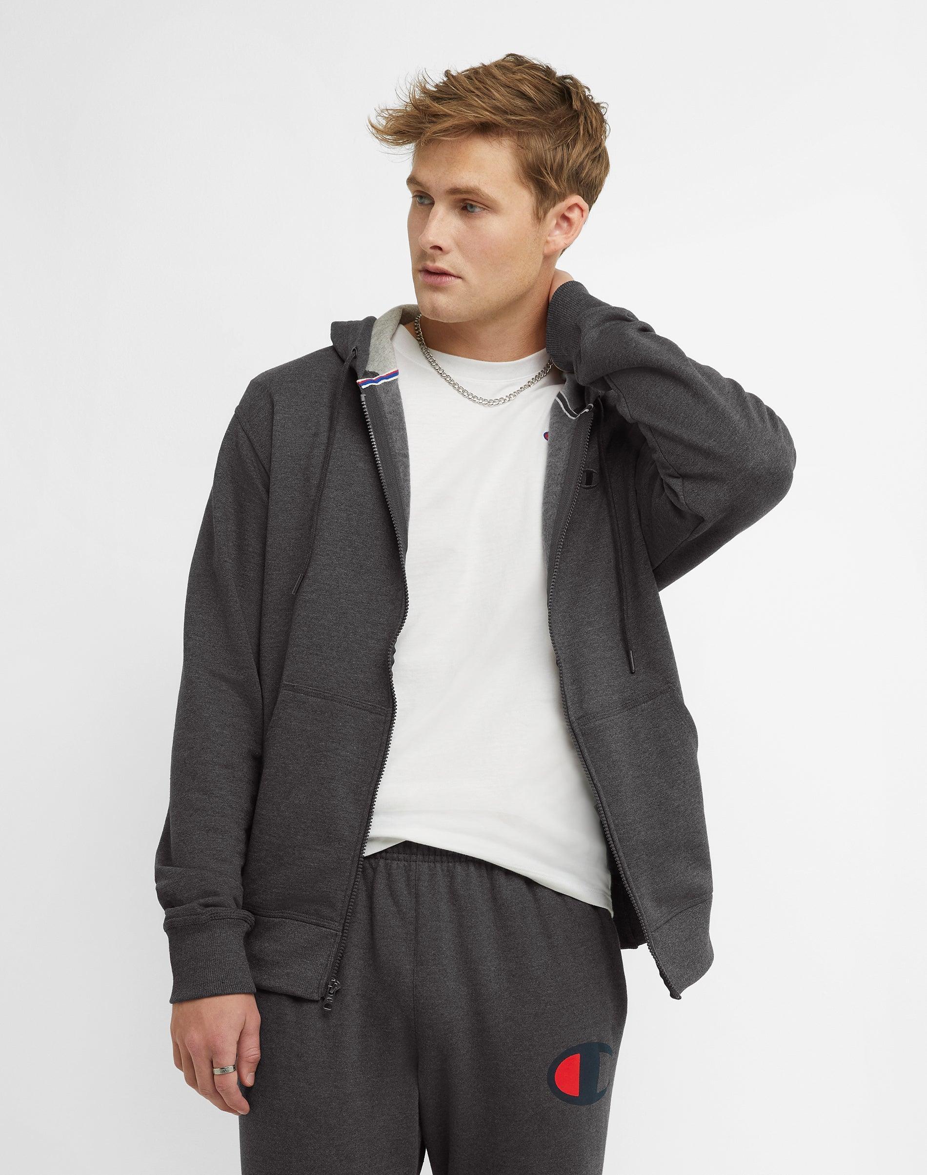 Mens Champion Powerblend Full-Zip Hoodie, C Logo Oxford Grey XL Product Image