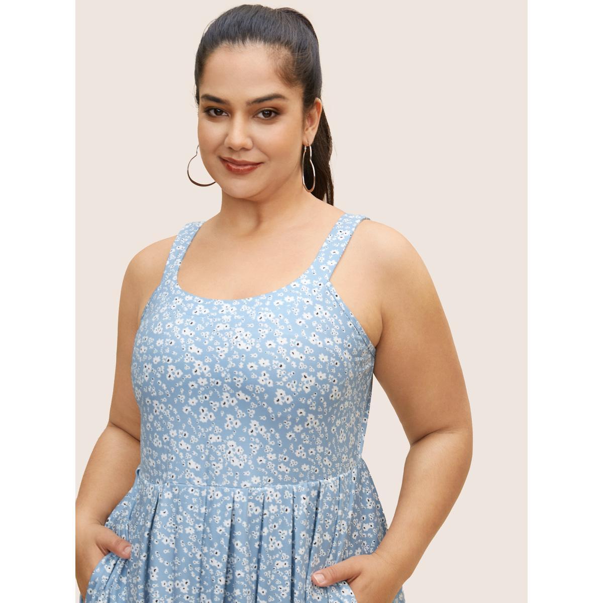 Plus Size U Neck Ditsy Floral Pleated Dress Stone Women Casual Pleated U-neck Sleeveless Curvy BloomChic 12/L Product Image