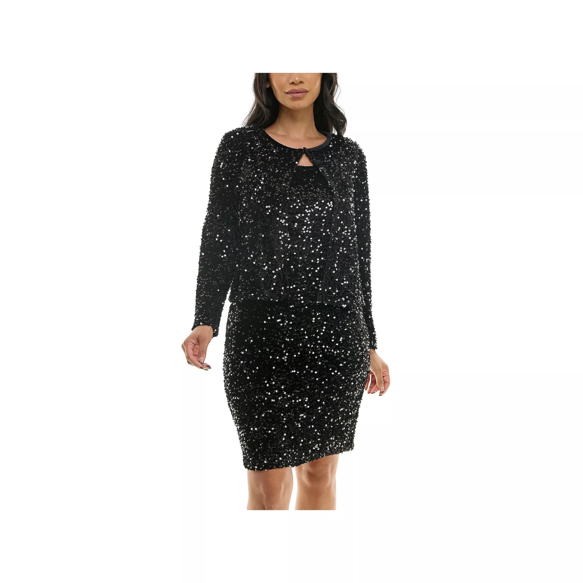 Women's Nina Leonard Sequin Mesh Cardigan & Sequin Sheath Dress Set, Size: Medium, Green Product Image
