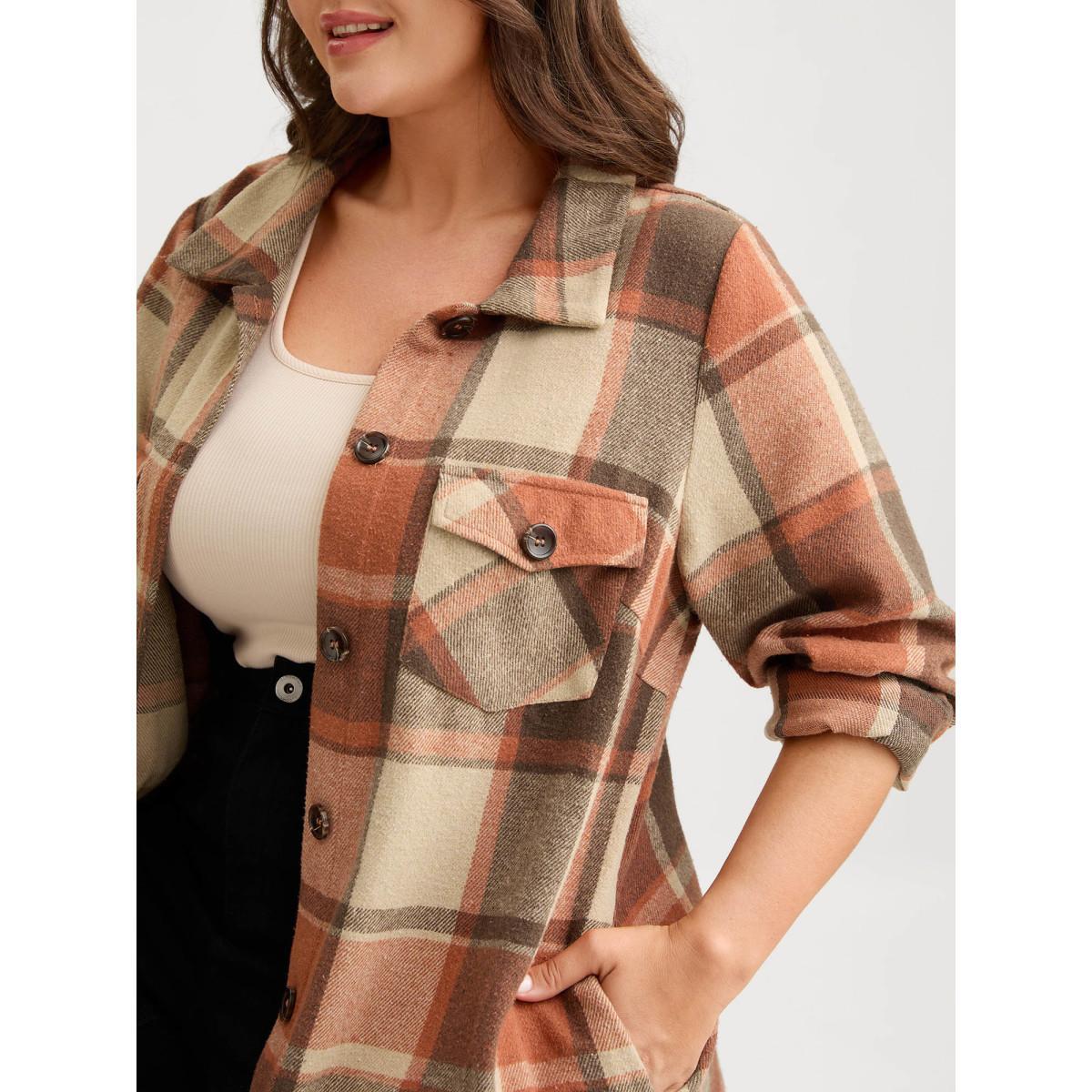 Plus Size Plaid Chest Pockets Long Jacket Women Rust Button Loose Side seam pocket Everyday Jackets BloomChic 12/L Product Image