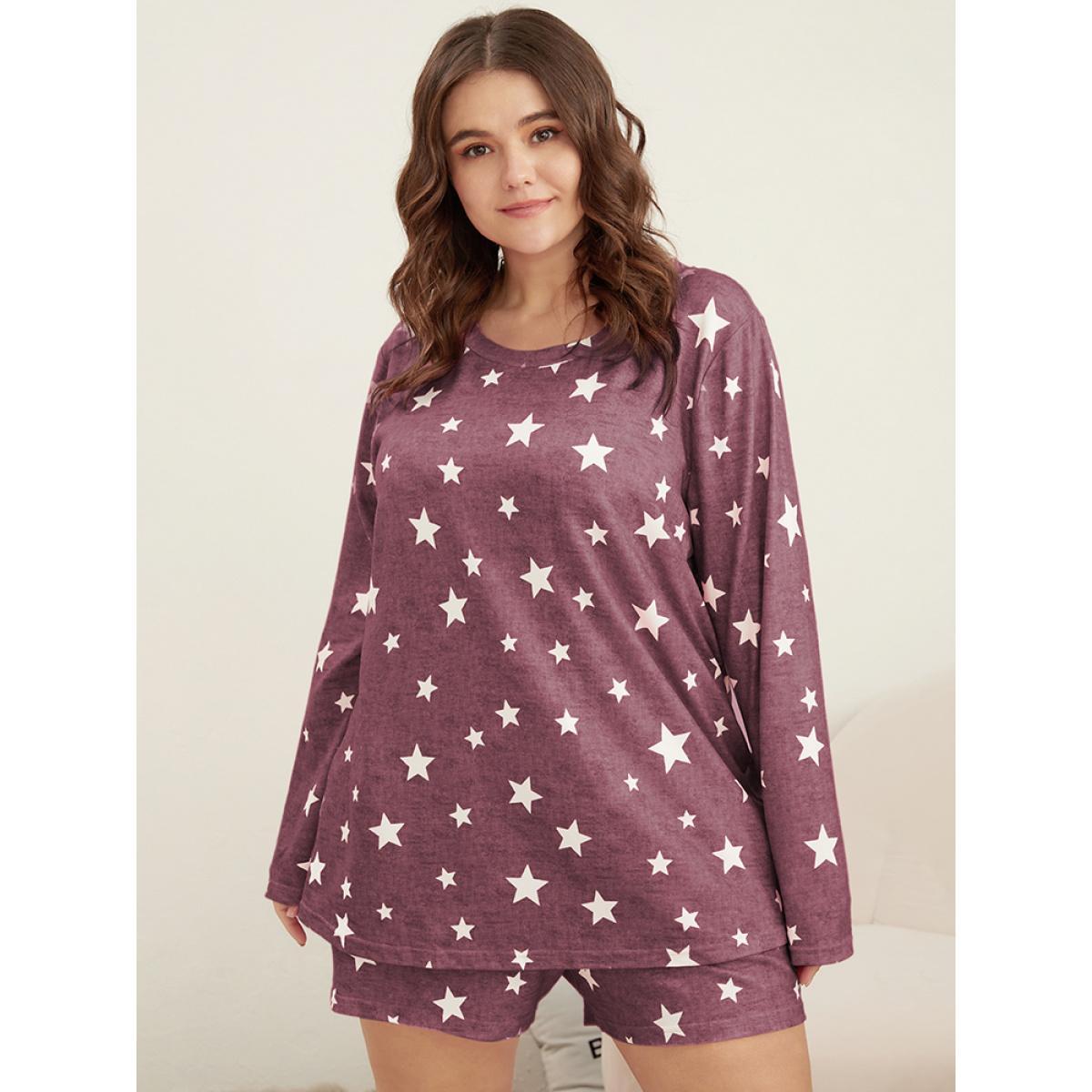 Plus Size Star Print Round Neck Sleep Top Women Russet Casual Moon and Star Round Neck Loungewear BloomChic 28/5X Product Image