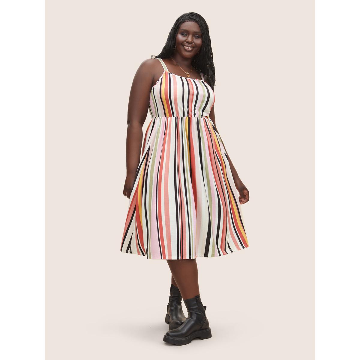 Plus Size Color Striped Pocket Adjustable Straps Midi Dress Multicolor Women Casual Non Non Sleeveless Curvy Midi Dress BloomChic 12/L Product Image