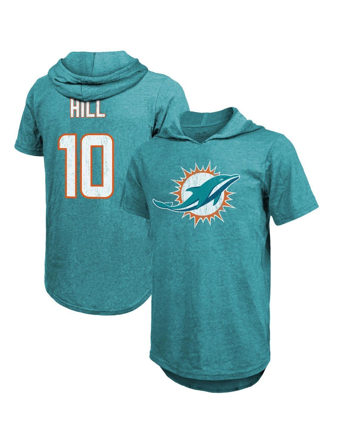 Men's Majestic Threads Tyreek Hill Aqua Miami Dolphins Player Name & Number Short Sleeve Hoodie T-Shirt, Size: 2XL, Turquoise A Product Image